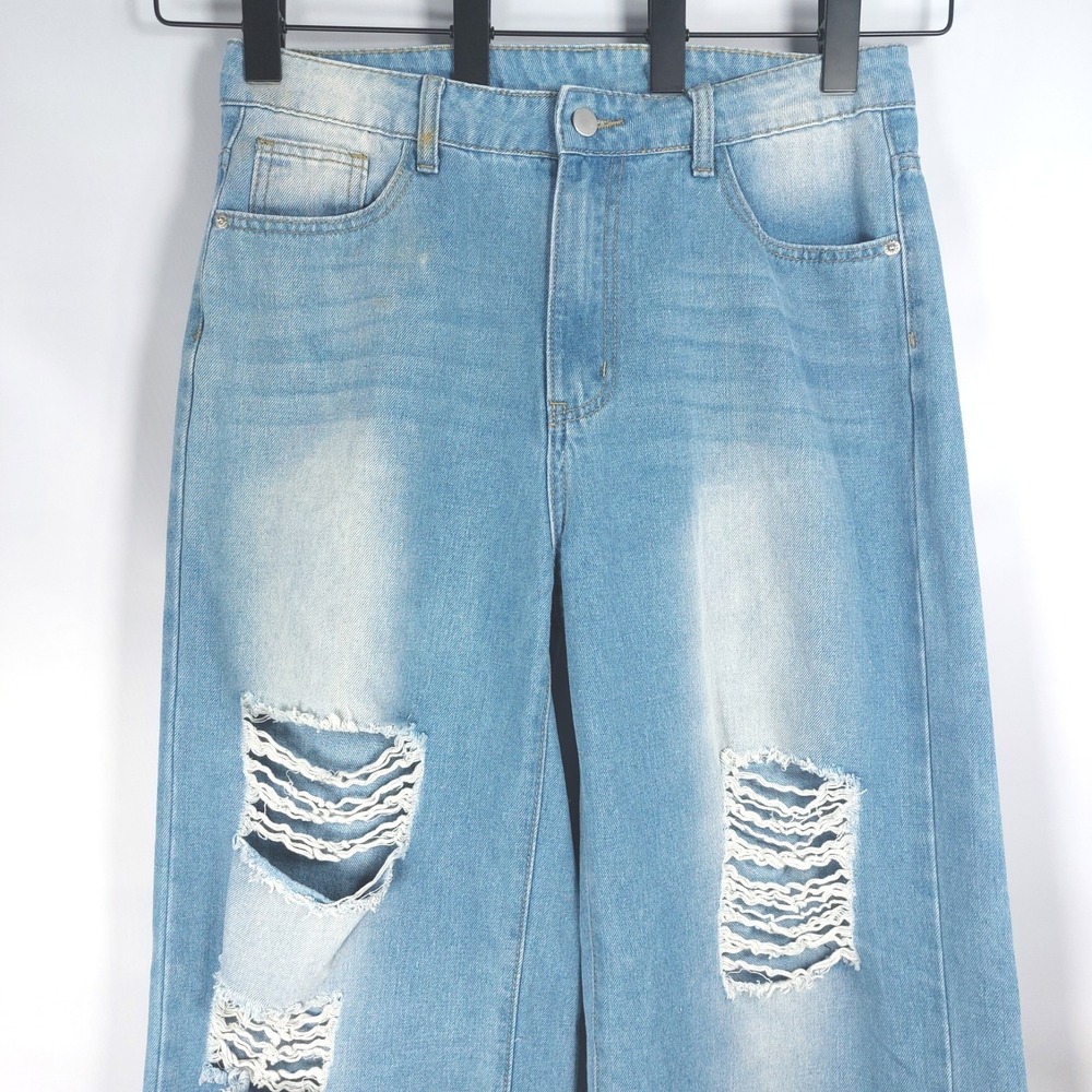 Shein Womens High Waist Wideleg Straight Jeans Sz L Distressed Pockets Lt Blue - Picture 2 of 8